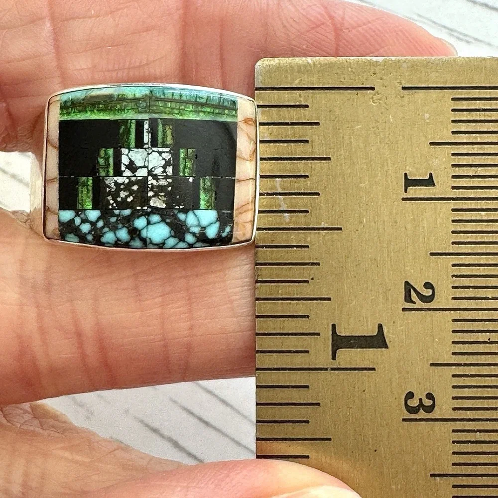 Navajo Mens Inlay Ring Turquoise Inlay Sz 12 Band 15mm Signed Tsosie Native Amer